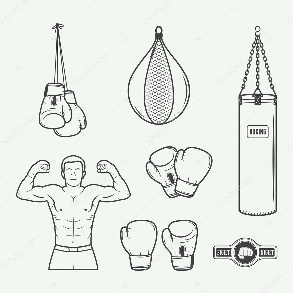 Boxing and martial arts logo badges, labels and design elements in vintage style.