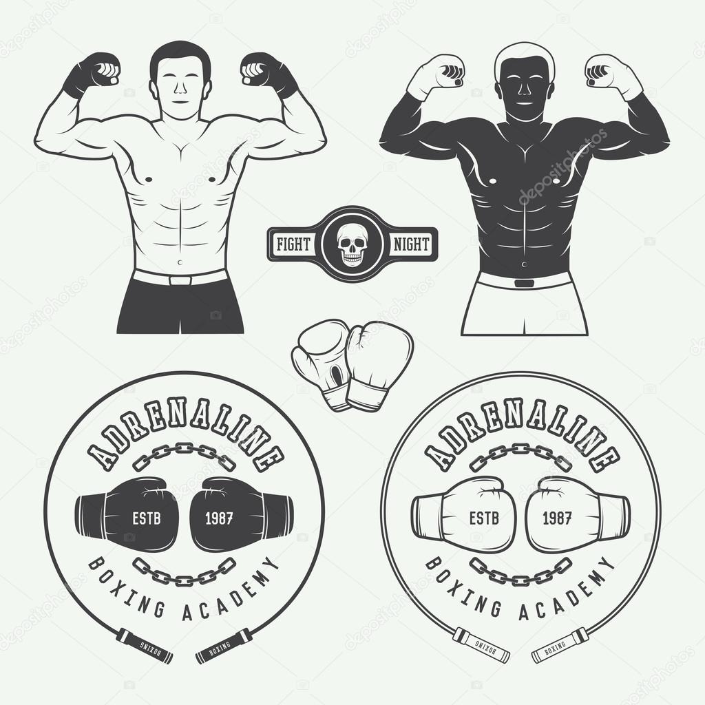 Boxing and martial arts logo badges, labels and design elements in vintage style.