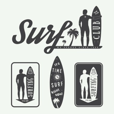 Set of surfing logos, labels, badges and elements in vintage style.