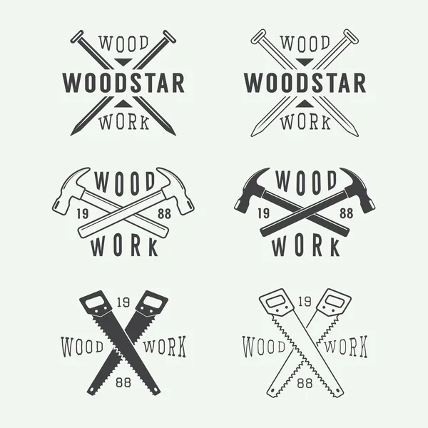 Set of vintage carpentry and mechanic labels, emblems and logo — Stock Vector