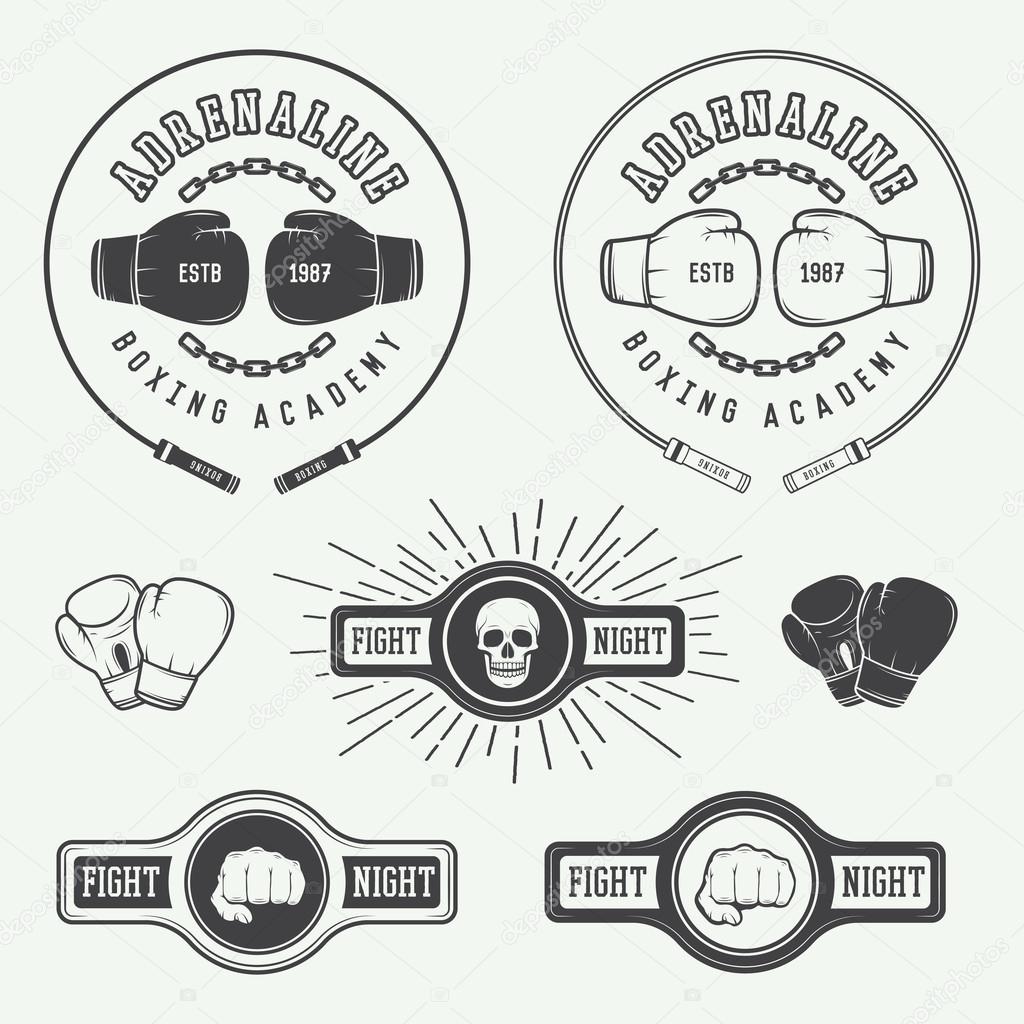 Boxing and martial arts logo badges and labels in vintage style.
