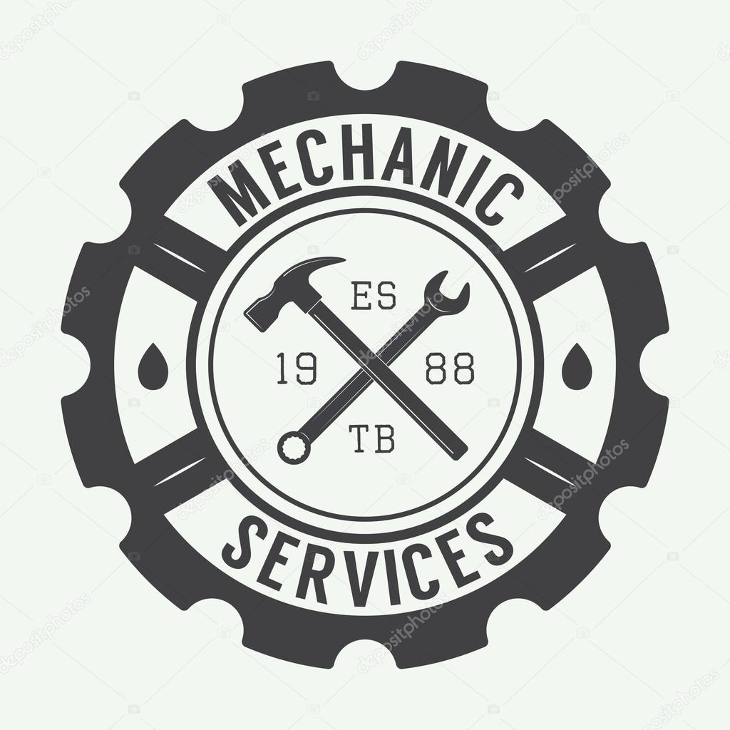 Vintage mechanic label, emblem and logo. Vector illustration