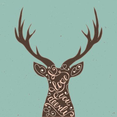 Card with hand drawn typography design element and deer for greeting cards, posters and print. I love you deerly on blue background clipart