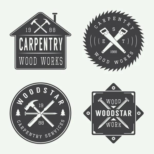 Set of vintage carpentry and mechanic labels, emblems and logo — Stock Vector