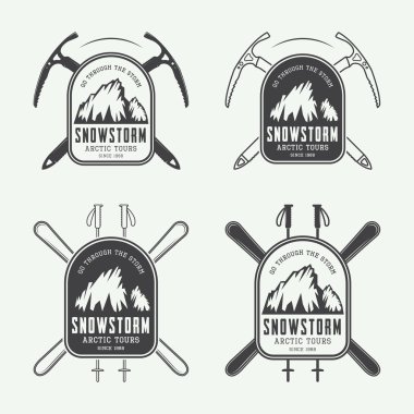 Vintage mountaineering and arctic expeditions logos, badges, emblem clipart