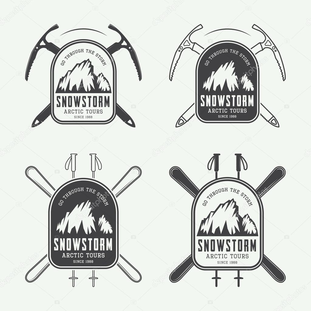 Vintage mountaineering and arctic expeditions logos, badges, emblem