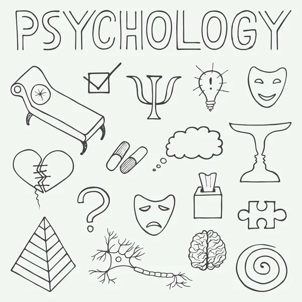 Psicología dibujado a mano doodle set y tipografía — Vector de stock