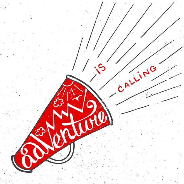 Приключение вызывает в рупор с горами в винтажном стиле
