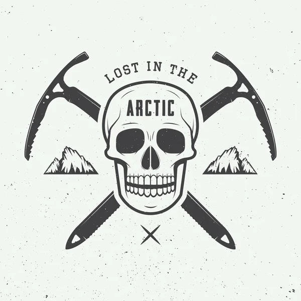 Vintage arctic skull with ice axes, mountains and slogan. — Stock Vector