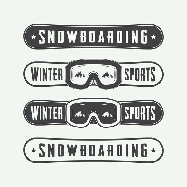 Vintage snowboard logolar, rozetler, amblem ve tasarım öğeleri.