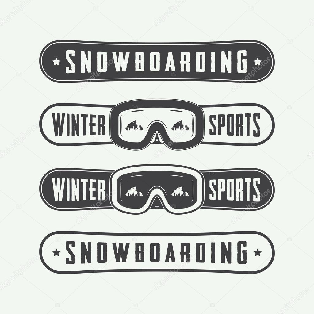 Vintage snowboarding logos, badges, emblems and design elements. Vector illustration
