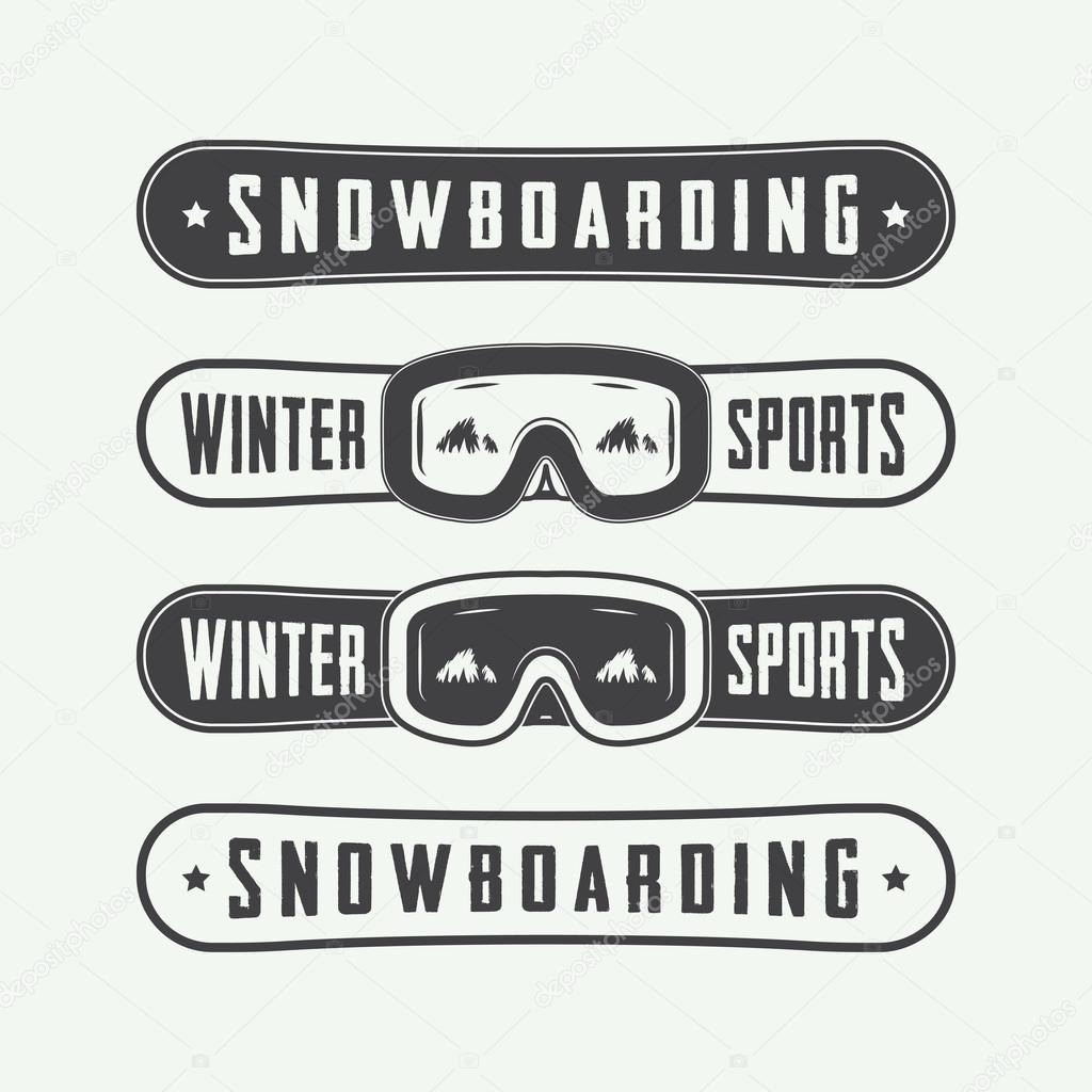 Vintage snowboarding logos, badges, emblems and design elements.