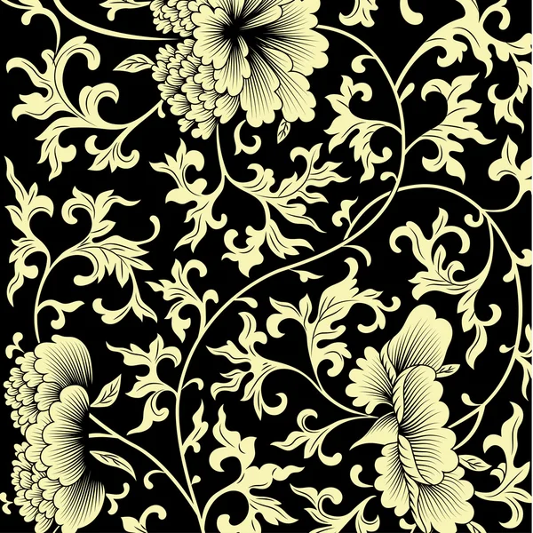 Pattern on black background with Chinese flowers. — Stock Vector