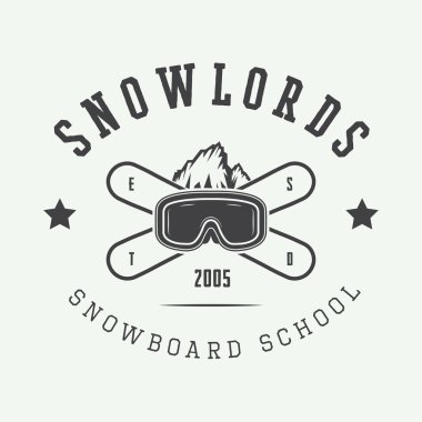 Vintage snowboard logosu, rozet, amblem ve tasarım öğeleri.