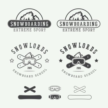 Vintage snowboard logolar, rozetler, amblem ve tasarım öğeleri.