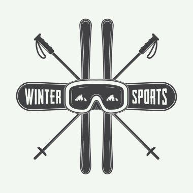 Vintage kış sporları logosu, rozet, amblem ve tasarım öğeleri.