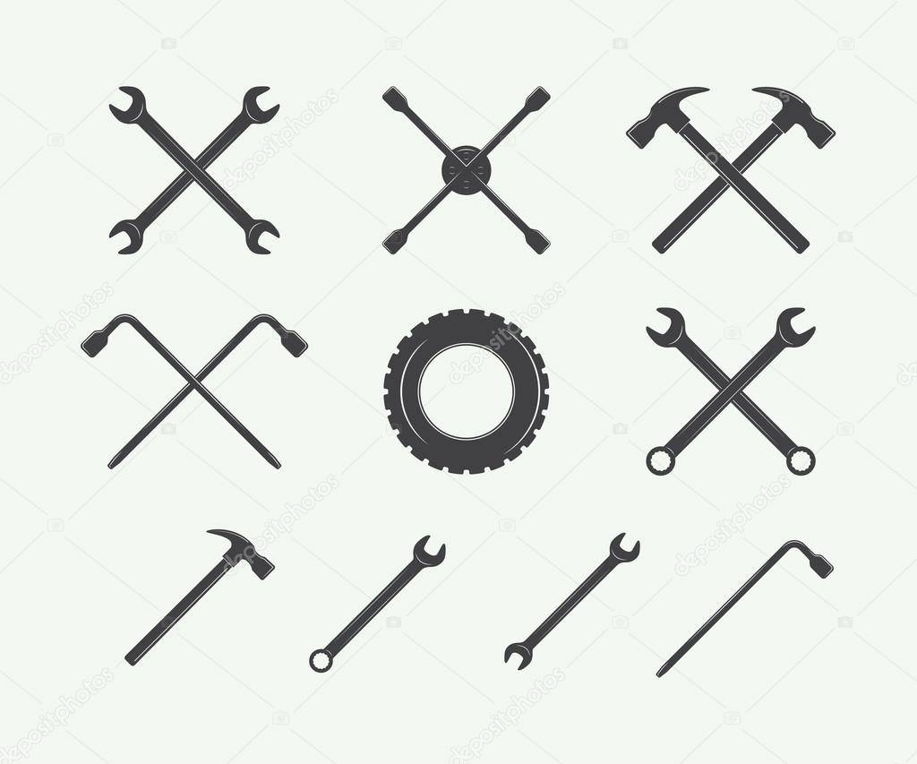 Vintage mechanic label, emblem, logo and design elements. Vector illustration in black