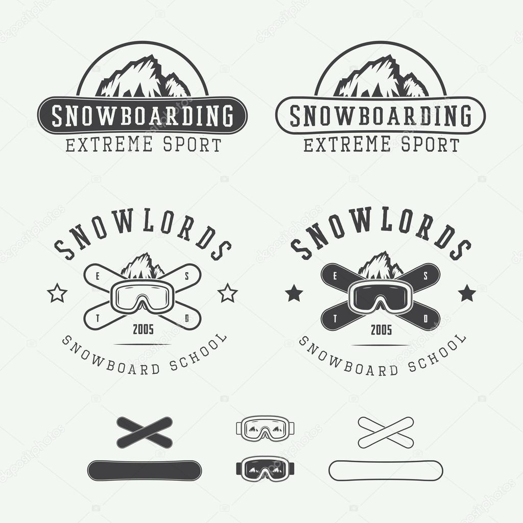 Vintage snowboarding logos, badges, emblems and design elements. Vector illustration