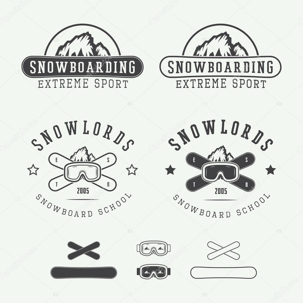 Vintage snowboarding logos, badges, emblems and design elements.