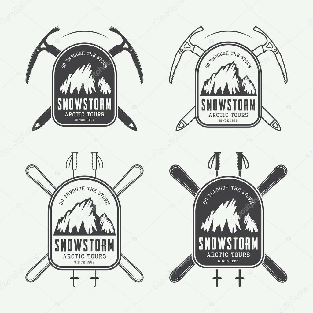 Vintage mountaineering and arctic expeditions logos, badges, emblems and design elements. Vector illustration