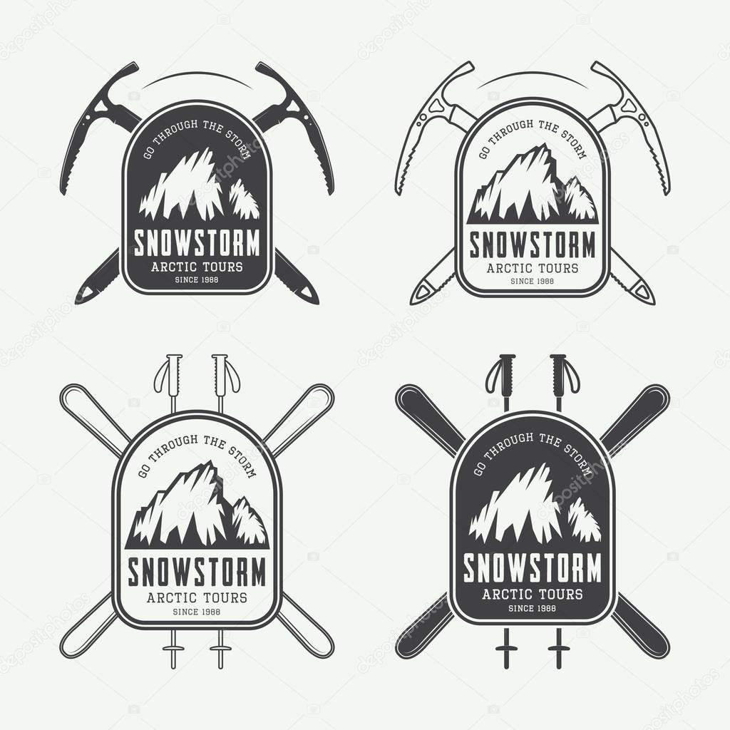 Vintage mountaineering and arctic expeditions logos, badges