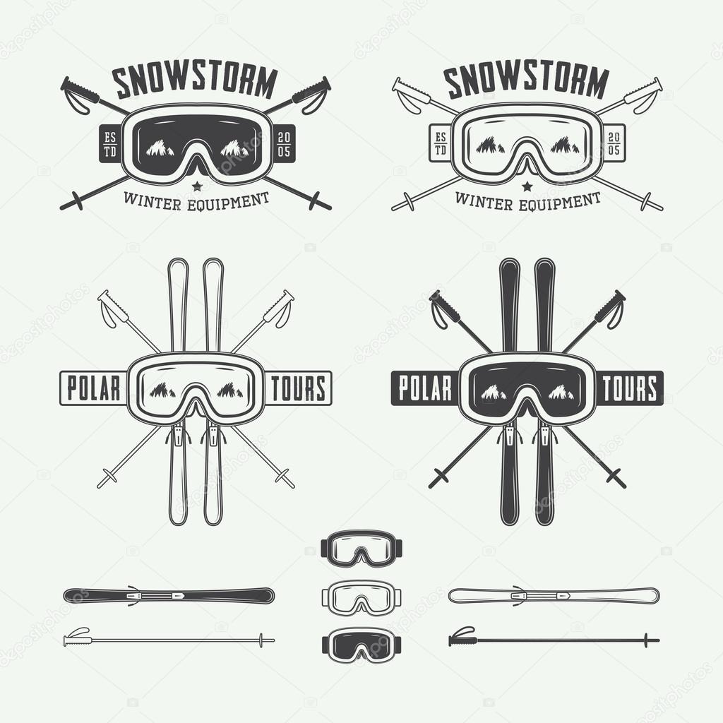 Vintage ski and arctic expeditions logos, badges, emblems and design elements. Vector illustration, eps 10