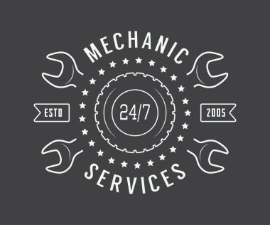 Vintage mekanik etiket, amblem ve logo. Vektör çizim