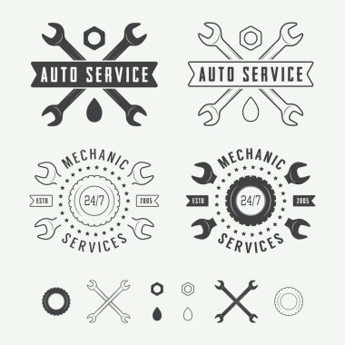 Vintage mekanik etiket, amblem ve logo. Vektör çizim