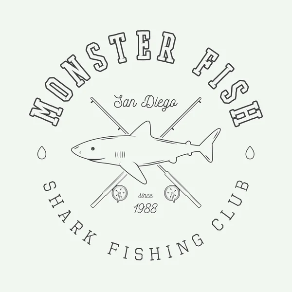 Vintage fishing label, logo, badge or emblem with shark. — Stock Vector