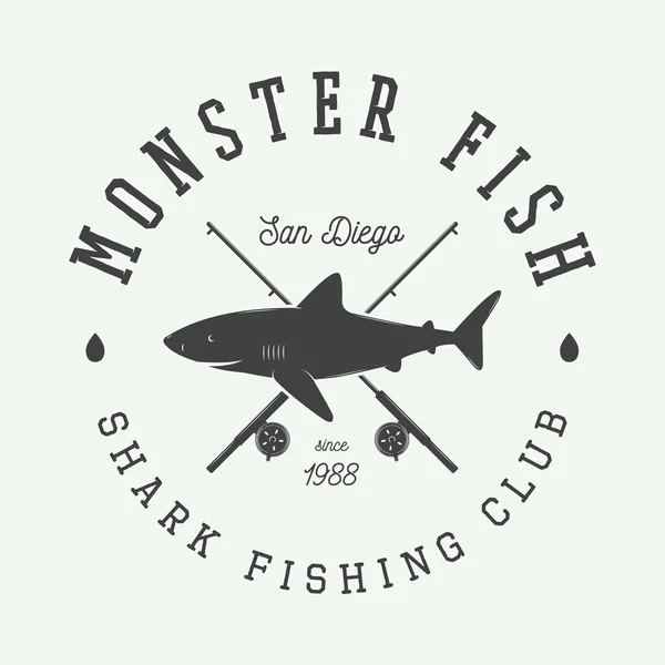 Etiqueta de pesca vintage, registro, insignia con tiburón . — Vector de stock
