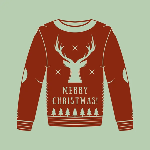 Vintage Christmas sweater with deer, trees and stars in red. — Stockvector