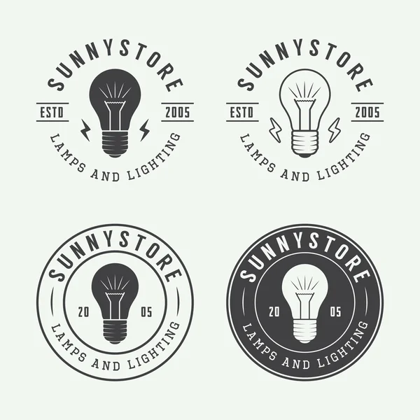 Conjunto de lâmpadas vintage e logotipo de iluminação, emblemas, crachá — Vetor de Stock