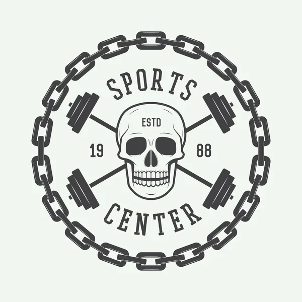 Vintage gym logo, emblem, badge, label or watermark with skull — Stock Vector