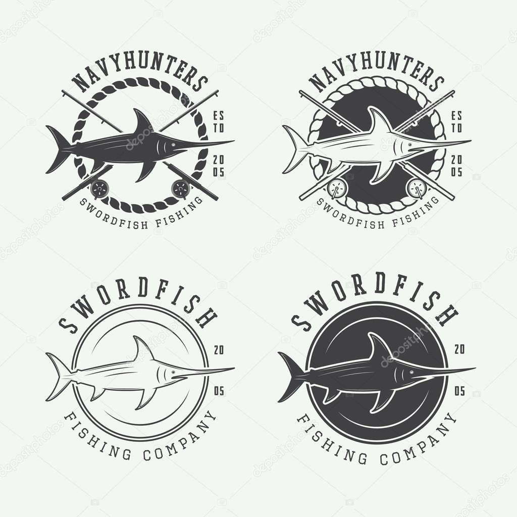 Set of vintage fishing labels, logo, badge and design elements. Vector illustration