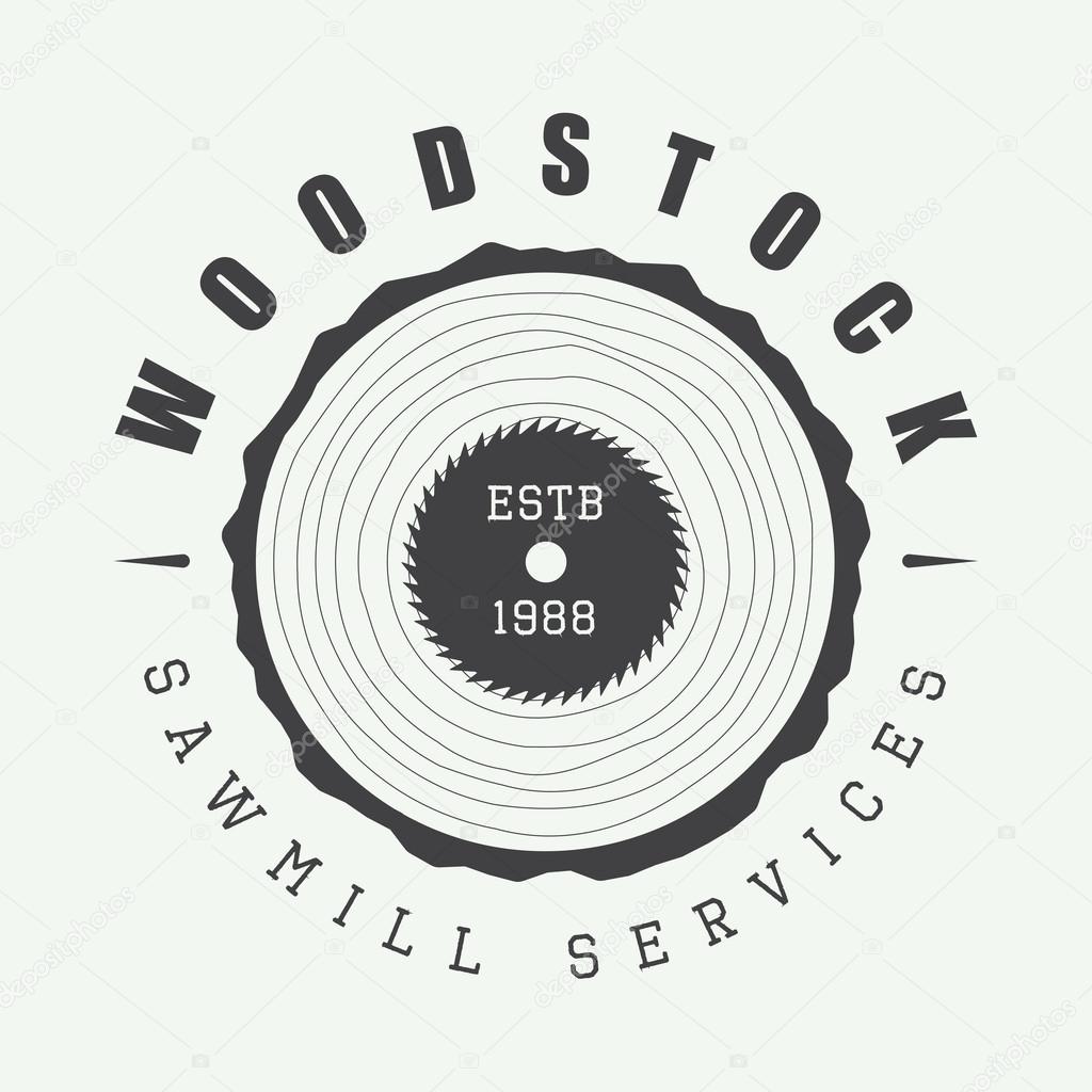 Vintage sawmill logo with axes, rocks, trees. Vector illustration