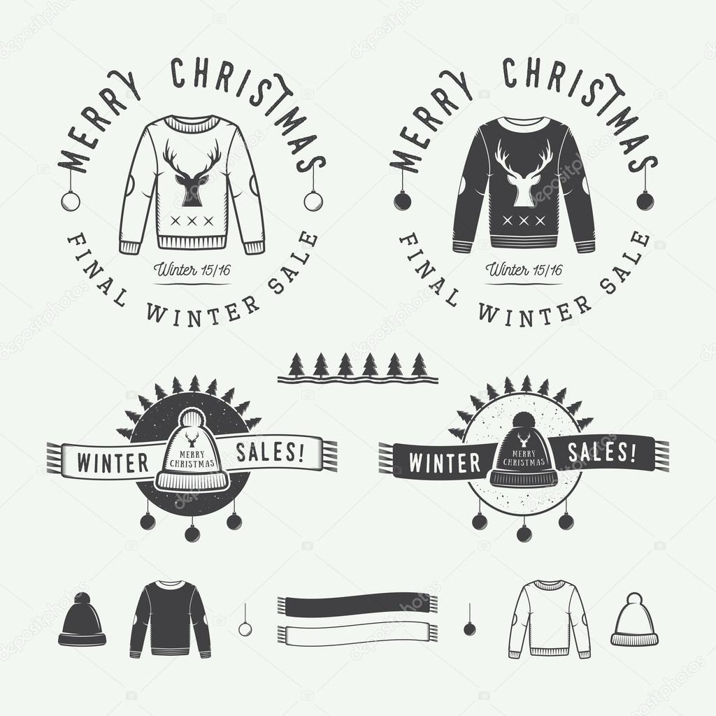 Vintage Merry Christmas or winter sales logo, emblem, badge, label and watermark in retro style with sweaters, hats, scarfs, trees, stars, decor, deers and design elements. Vector illustration
