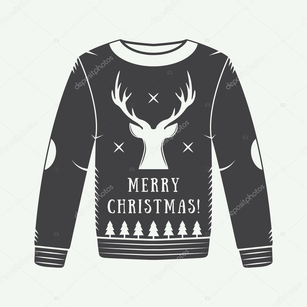 Vintage Christmas winter sweater with deer, trees, stars and design elements in retro style. Can be used for logo, emblems, badges, labels and watermarks. Vector illustration