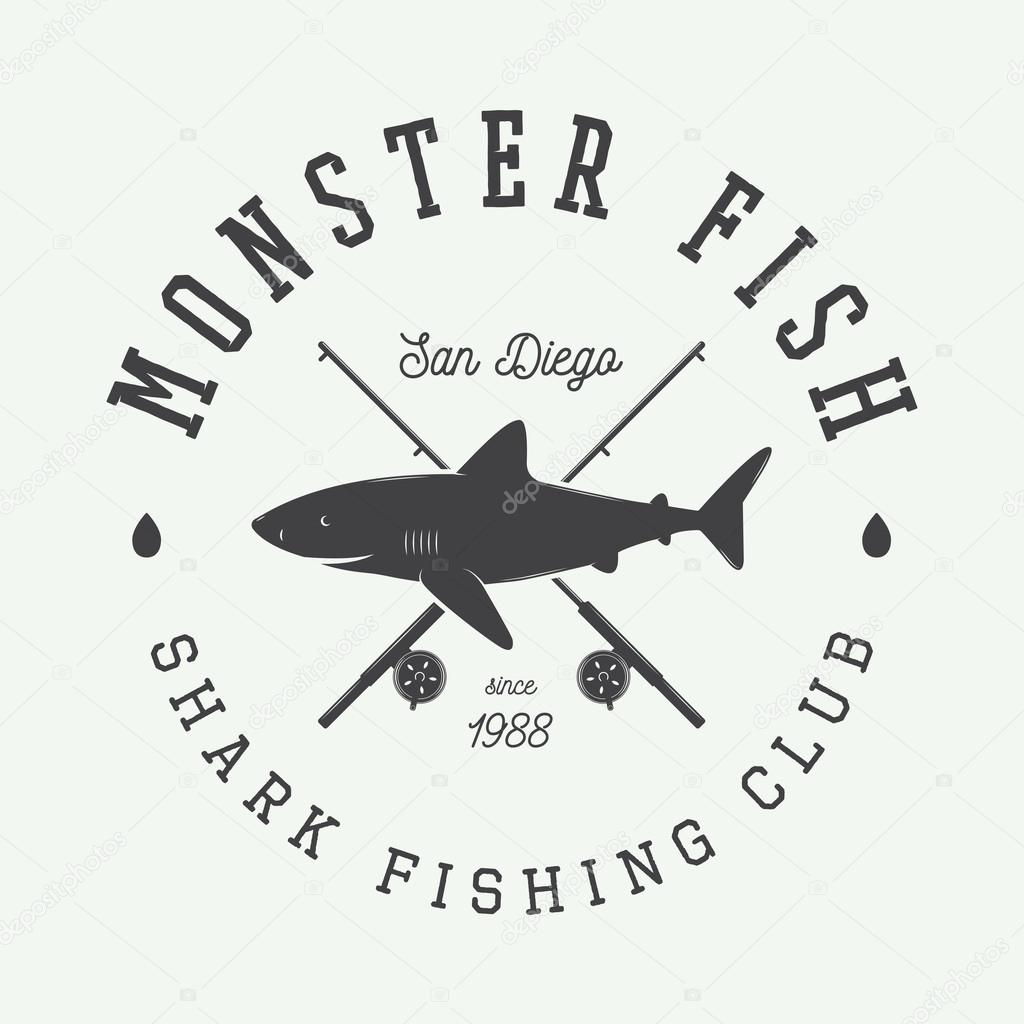Vintage fishing label, log, badge with shark. Vector illustration