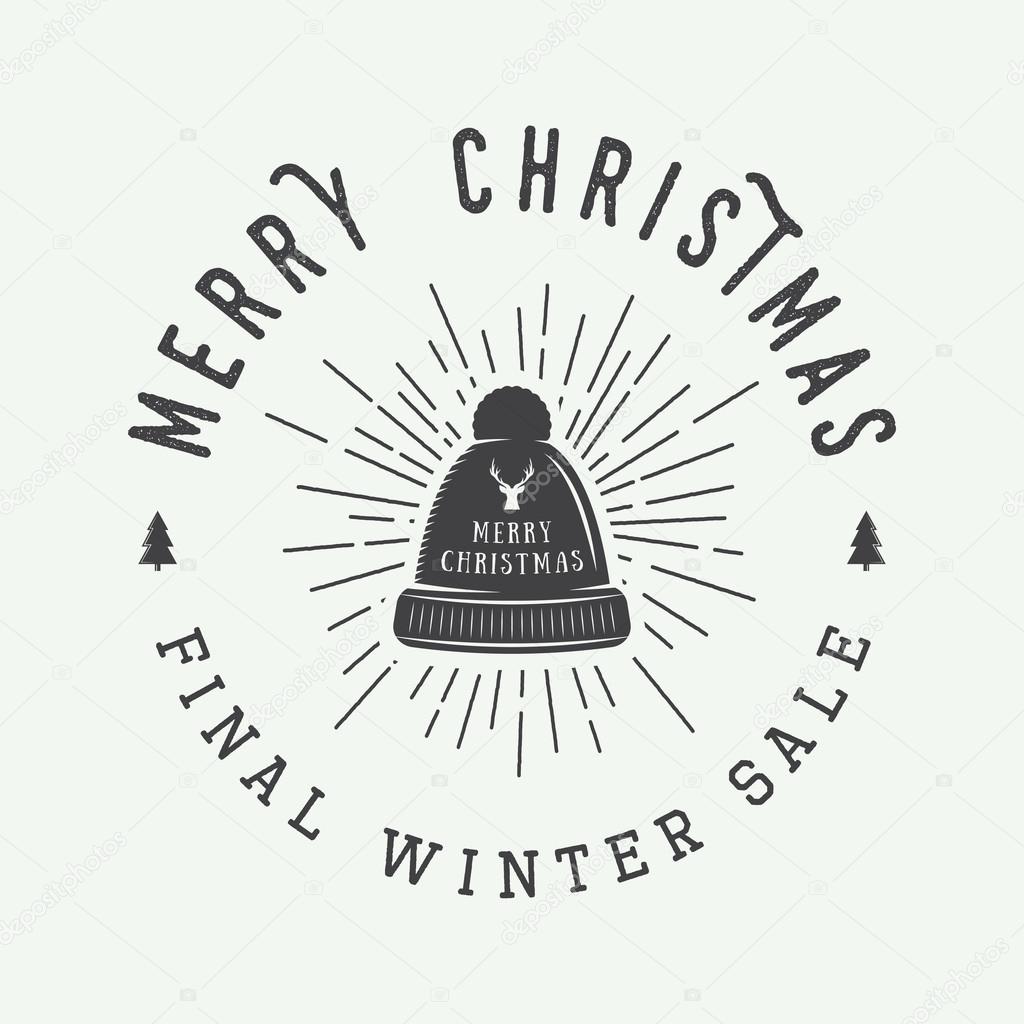 Vintage Merry Christmas or winter sales logo, emblem, badge, label and watermark in retro style with hat, deer, trees, stars, decor and design elements. Vector illustration