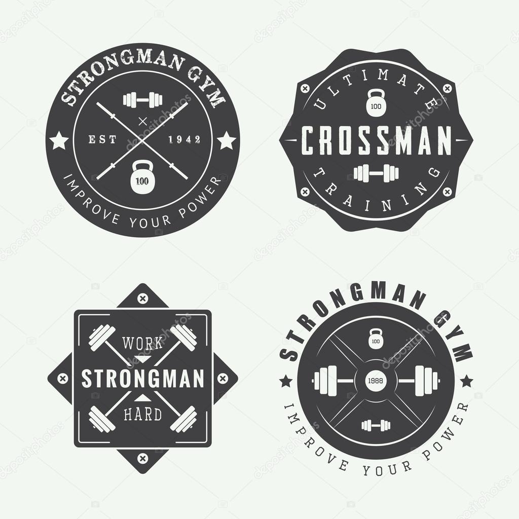 Set of gym logos, labels and slogans in vintage style. Vector illustration