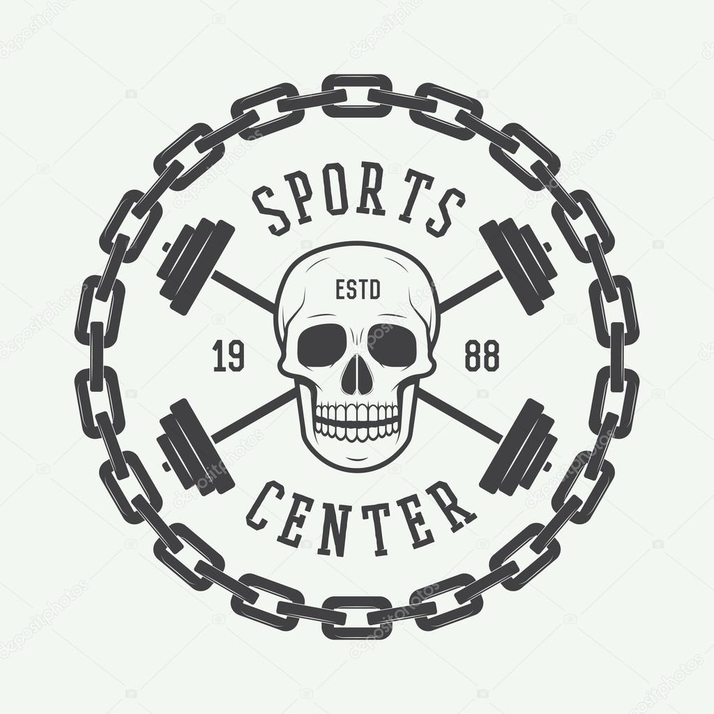 Vintage gym logo, emblem, badge, label or watermark with skull