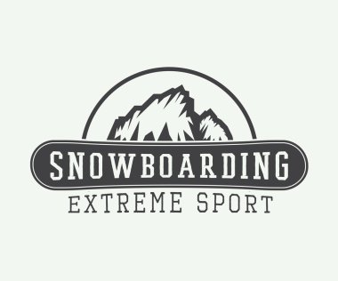 Vintage snowboard logosu, rozet, amblem ve tasarım öğeleri.