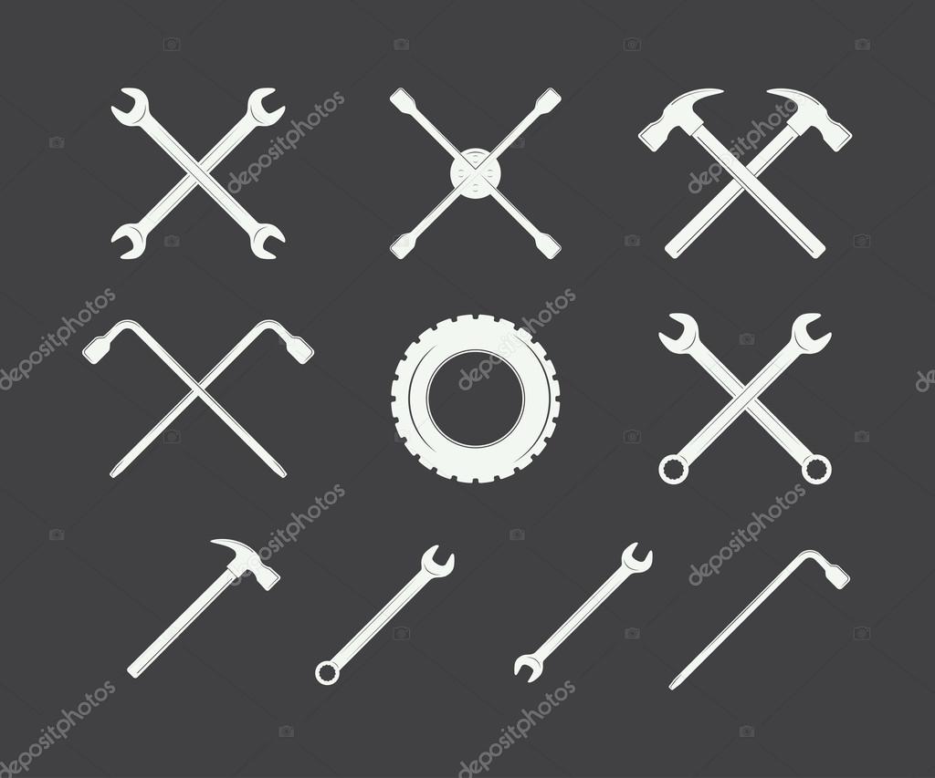 Vintage mechanic label, emblem, logo and design elements. Vector illustration in black