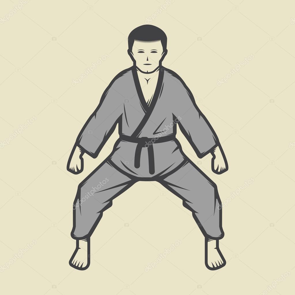 Vintage karate boy in retro style. Can be used for logos, emblems, badges, labels and design elements. Vector illustration