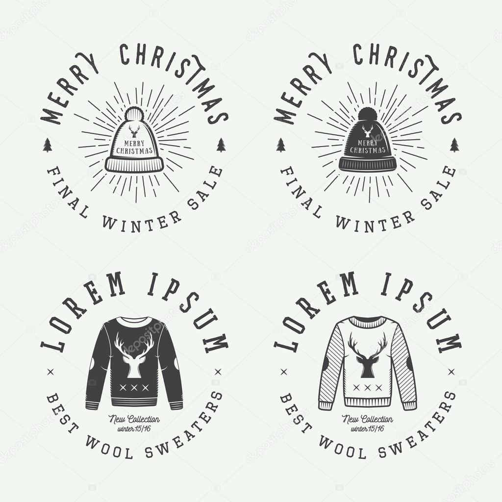 Vintage Merry Christmas or winter sales logo, emblem, badge, label and watermark in retro style with sweaters, hats, scarfs, trees, stars, decor, deers and design elements. Vector illustration