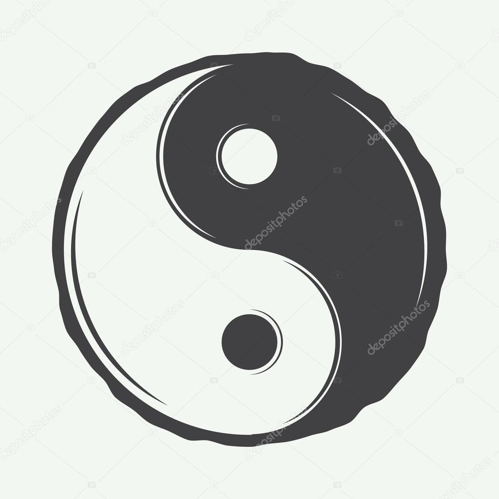 Vintage Yin Yang symbol in retro style. Can be used to martial arts logo, emblems, badges, labels and design elements. Vector illustration