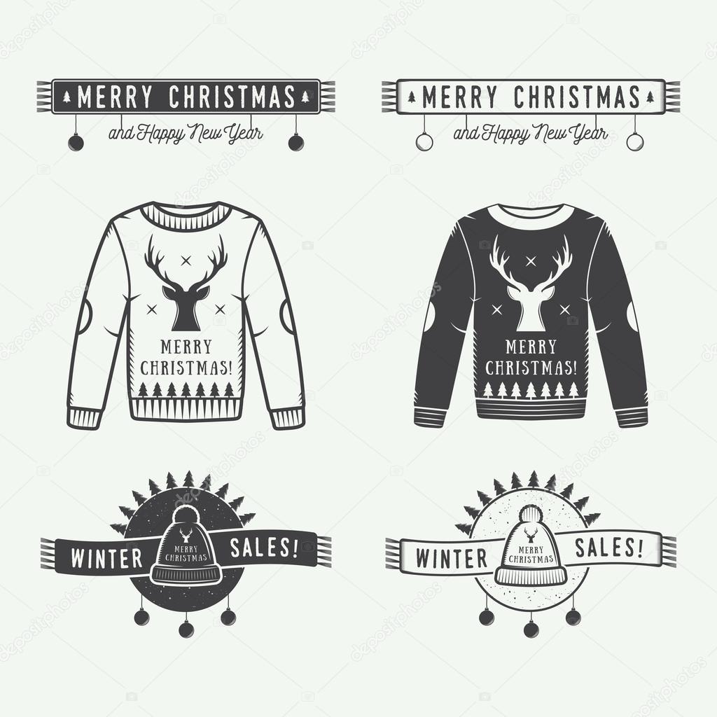 Vintage Merry Christmas or winter sales logo, emblem, badge, label and watermark in retro style with sweaters, hats, scarfs, trees, stars, decor, deers and design elements. Vector illustration