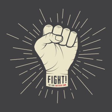 Fist with sunbursts in vintage style. Vector illustration clipart