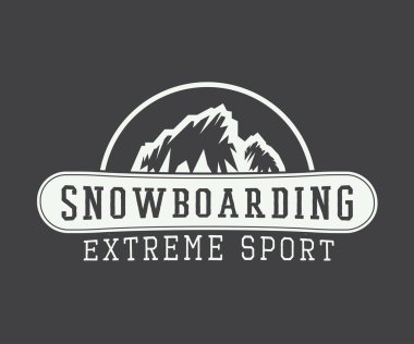 Vintage snowboard logosu, rozet, amblem ve tasarım öğeleri.