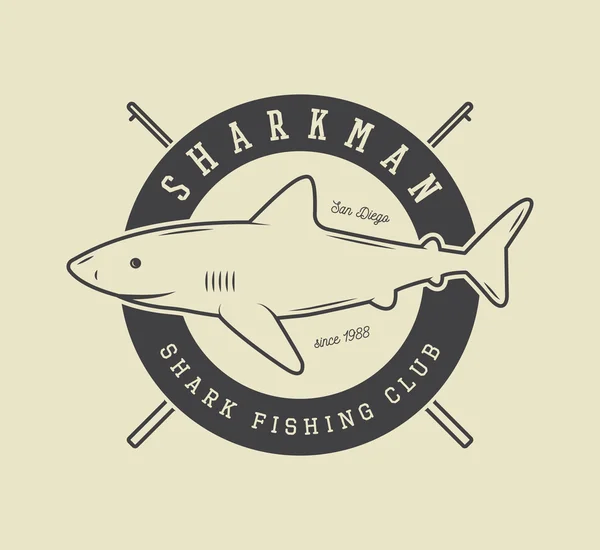 Vintage fishing label, logo, badge with shark. — 图库矢量图片
